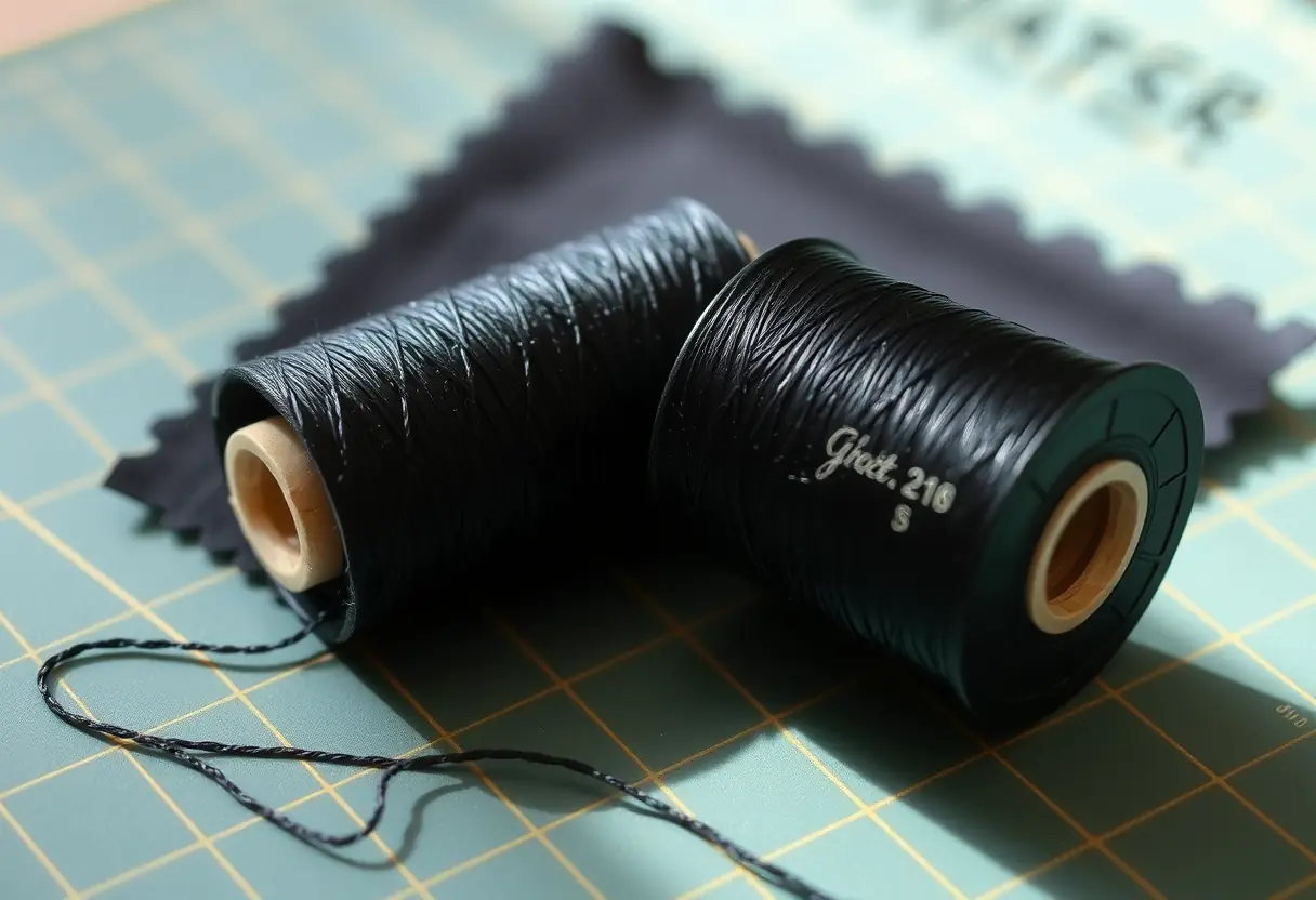 Un fil noir à côté d'un échantillon de tissu, rappelant la création artisanale du bandeau.