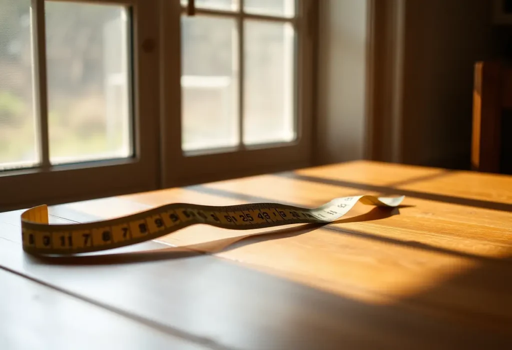 Un mètre ruban posé sur une table, lumière naturelle