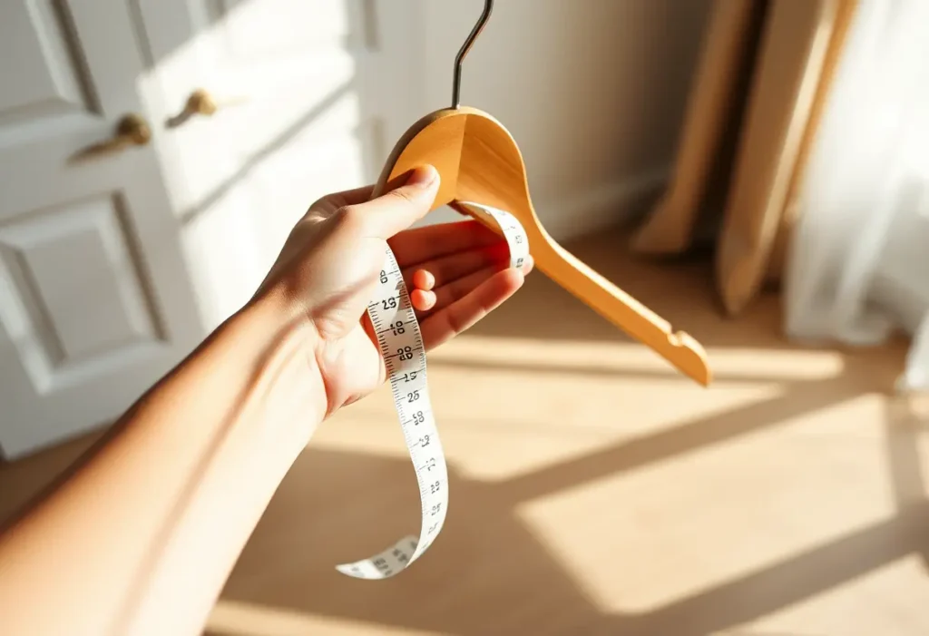 Main de femme tenant un ruban à mesurer posé sur un cintre de bois dans une chambre éclairée