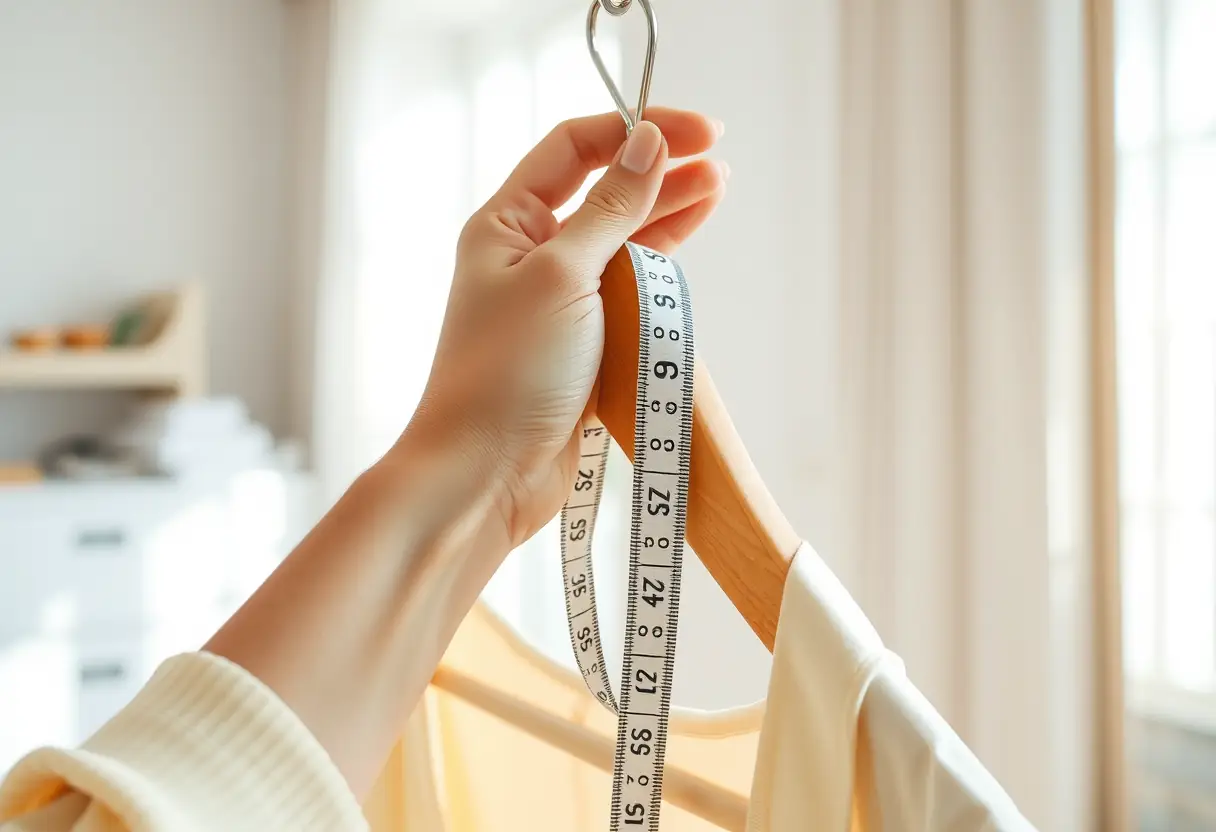 Une main féminine tient un ruban à mesurer autour d'un cintre en bois, symbolisant la recherche de la bonne taille de soutien-gorge.