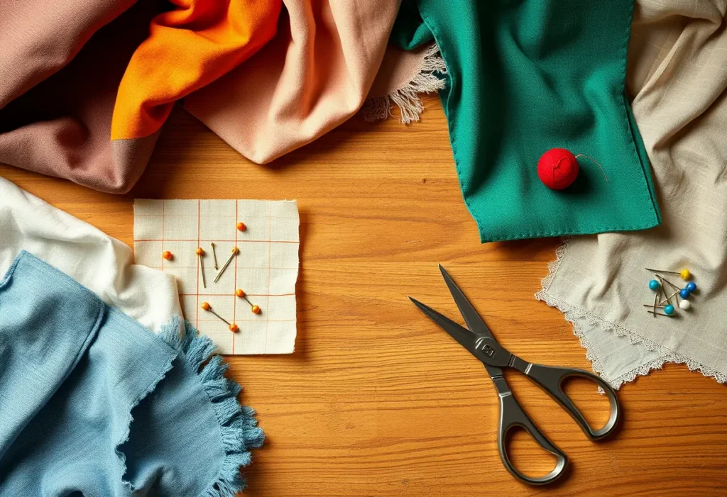 Un bureau avec des échantillons de tissus et des outils de couture pour choisir le bon soutien-gorge.