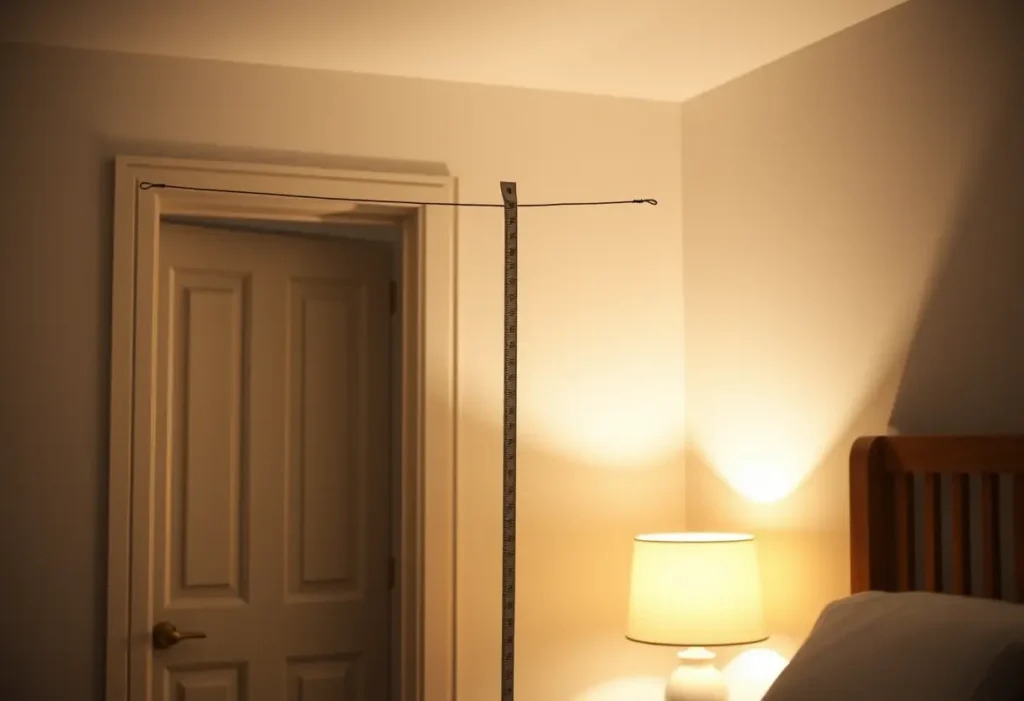 Un fil tendu entre deux points pour mesurer la hauteur dans une chambre, aidant à prendre des mesures précises pour un soutien-gorge confortable.