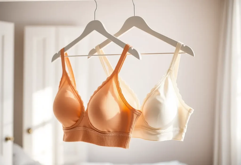 Deux soutiens-gorge en coton blanc pendent sur un cintre dans une chambre éclairée, soulignant la diversité des styles disponibles.