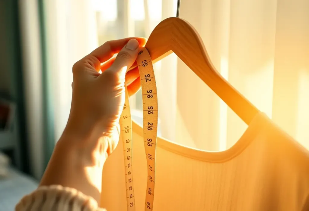 Main room where a woman measures herself with a flexible measuring tape.