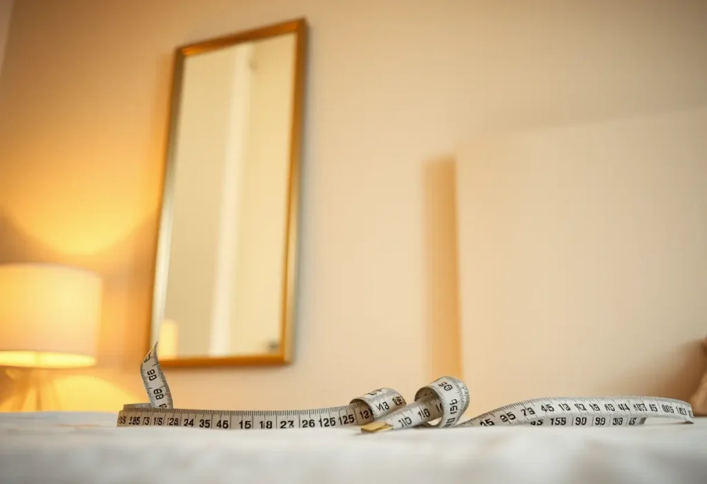 Un ruban à mesurer posé près d'un miroir dans une chambre, outil indispensable pour mesurer sa taille de soutien-gorge.