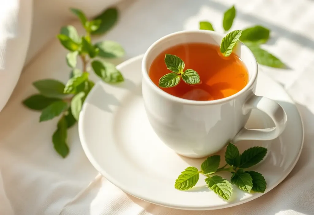 Une tasse de thé herboriste sur une assiette blanche, évoquant le bien-être personnel