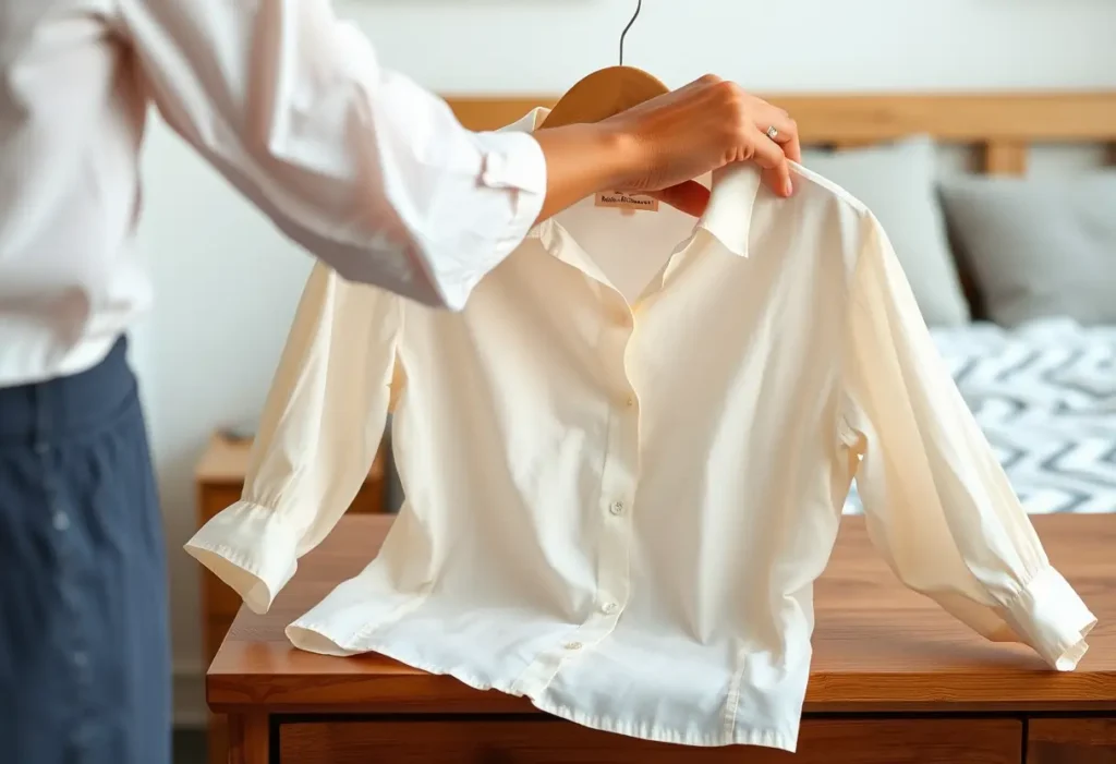 Main: une main féminine étalant doucement un chemisier en coton, symbole du confort et de l'acceptation de soi.