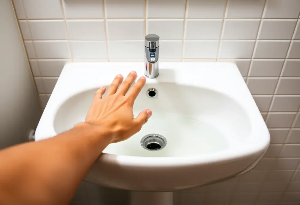 Une main plonge dans un égouttoir rempli d'eau chaude et de lessive, reflétant la propreté de la salle de bains