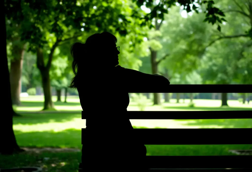 Un profil de femme assise sur un banc de parc, sa tête appuyée contre l’accoudoir en bois