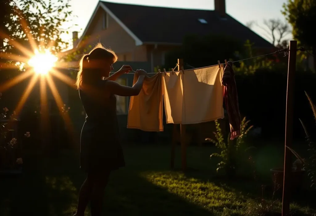 Un profil d'une femme qui étend du linge sur une corde à linge dans un jardin arrière, sous le soleil de l'après-midi