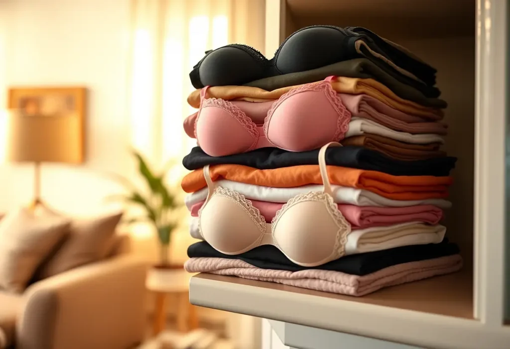 Un étagère dans un salon accueillant, présentant une pile de soutiens-gorge soigneusement pliés et de différentes tailles