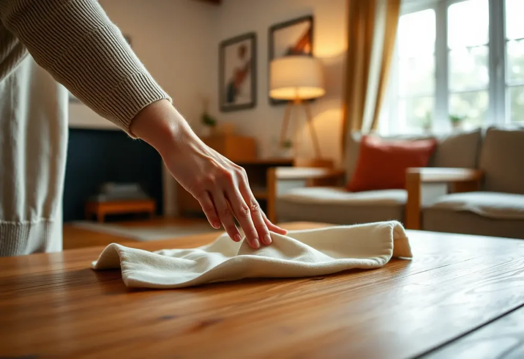 Main: une main féminine lisse délicatement un morceau de tissu dans un salon accueillant, symbolisant l'acceptation de soi.