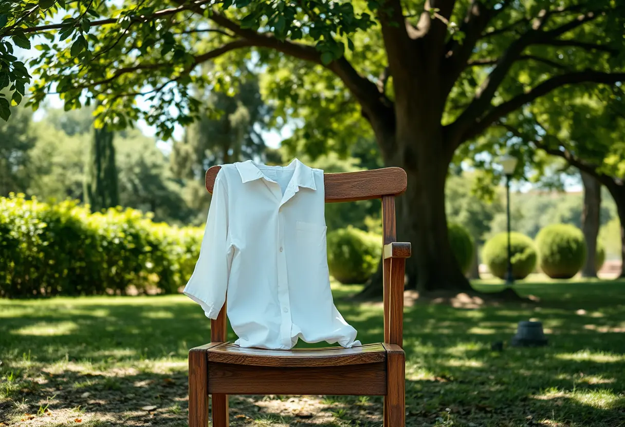 Texte alternatif : un fauteuil vide dans un parc ombragé, avec une chemise posée dessus, illustrant le choix personnel de ne pas porter de soutien-gorge.