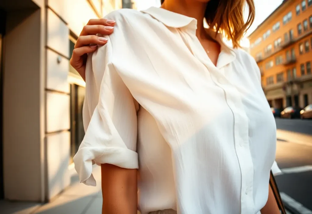 Main rue, une main féminine ajuste délicatement une blouse en coton.
