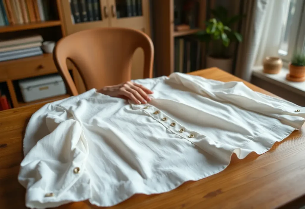 Une main féminine lisse délicatement un chemisier en coton sur un bureau chaleureux, illustrant la liberté de porter des vêtements sans soutien-gorge.