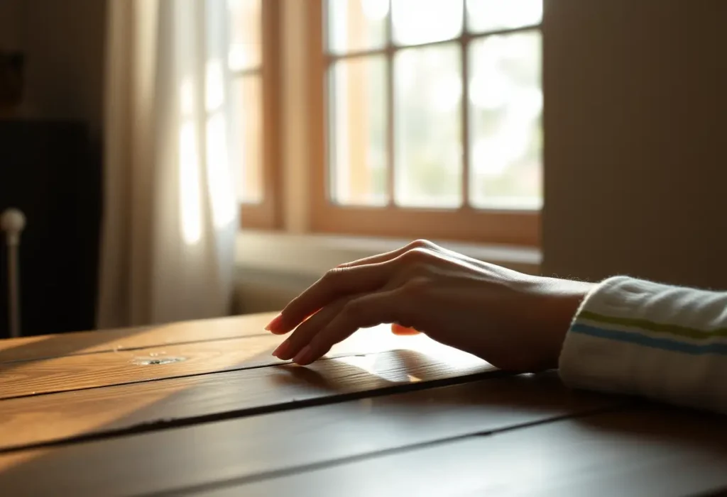 Main: La main posée sur une table en bois, éclairée par la lumière du soleil.