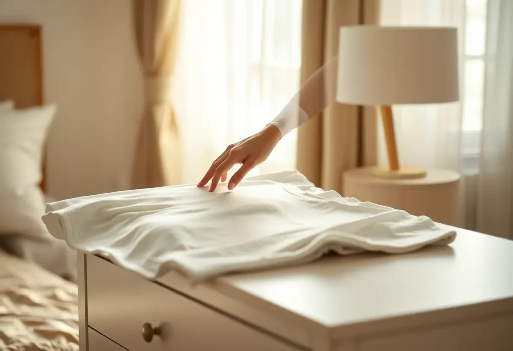 Main: une main lisse un t-shirt en coton dans une chambre à coucher