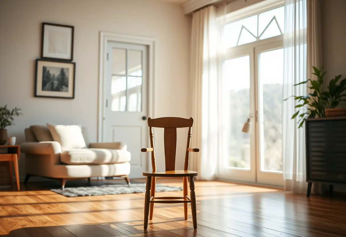 Texte alternatif : une chaise vide éclairée par la lumière du jour