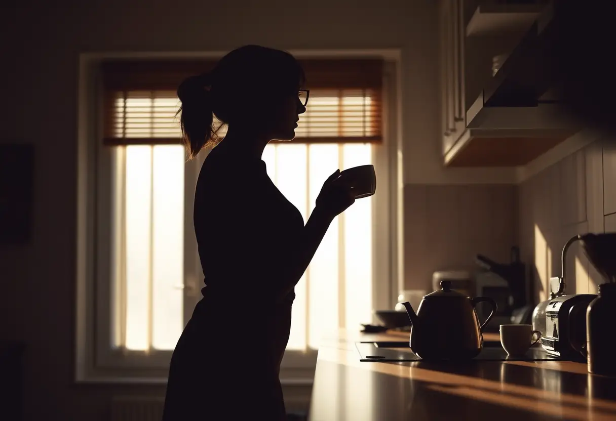 Main: Un profil féminin appuyé contre un comptoir de cuisine, préparant une tasse de thé, représentation de détente et d'acceptation de soi.