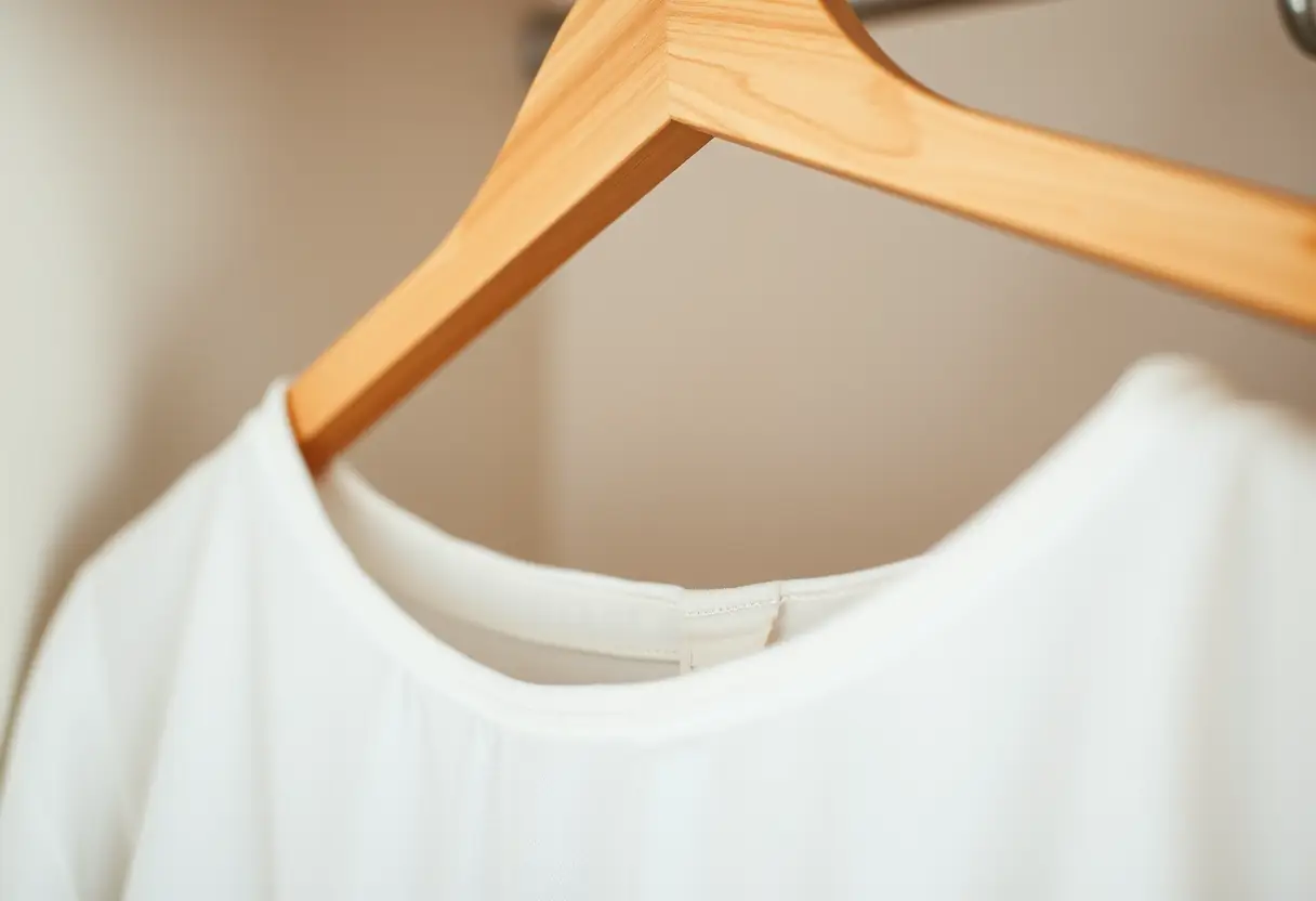 Un cintreuse en bois avec une robe en coton simple dans une penderie, mettant en avant simplicité et choix personnel.