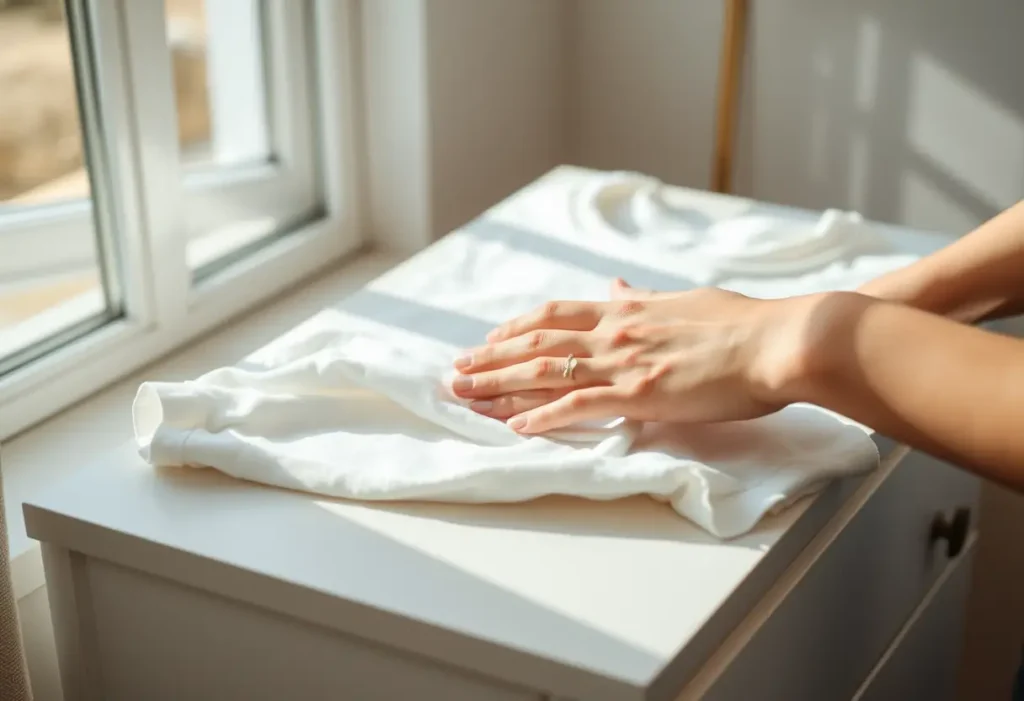 Une main féminine repasse doucement un t-shirt en coton sur sa coiffeuse, évoquant la prise en charge de soi.