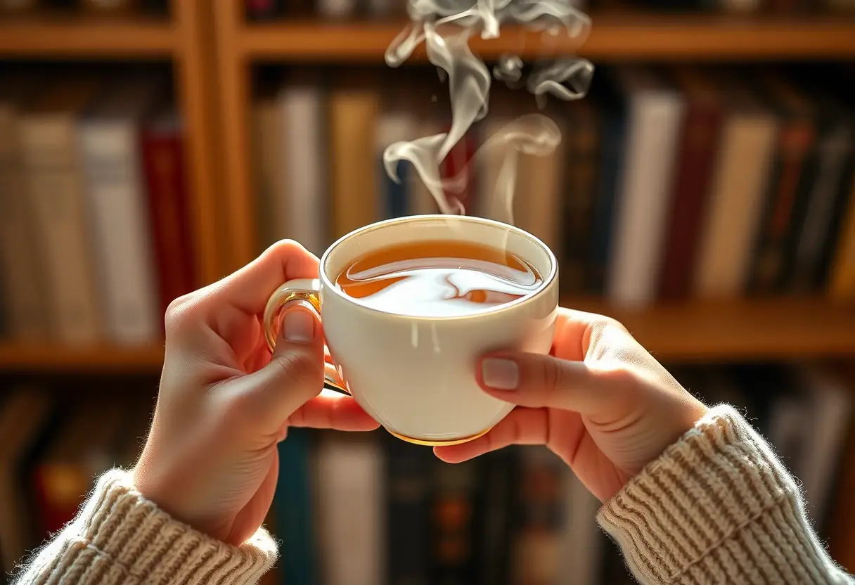 Des mains tenant une tasse de thé herbale, dans une ambiance apaisante qui incarne l'acceptation de soi.
