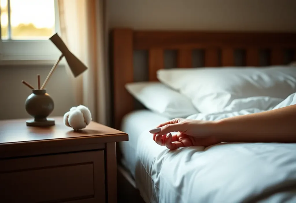 Une main posant délicatement une boule de coton sur une table de nuit dans une chambre accueillante