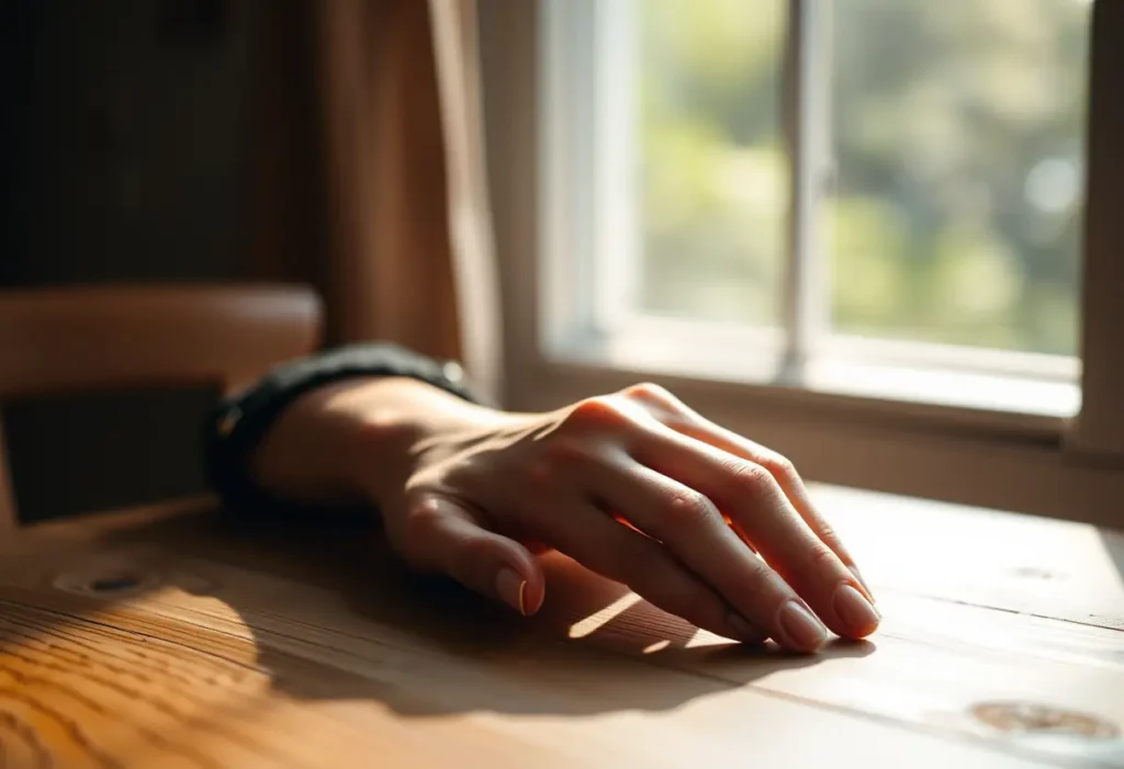 La main d'une femme posée sur une table en bois, éclairée par la lumière du jour.