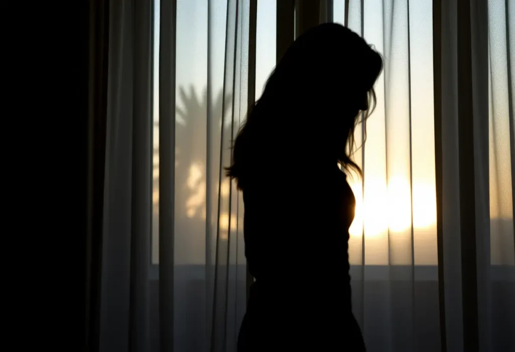 La silhouette d'une femme debout devant une fenêtre, sa reflection apparaît à travers des rideaux translucides