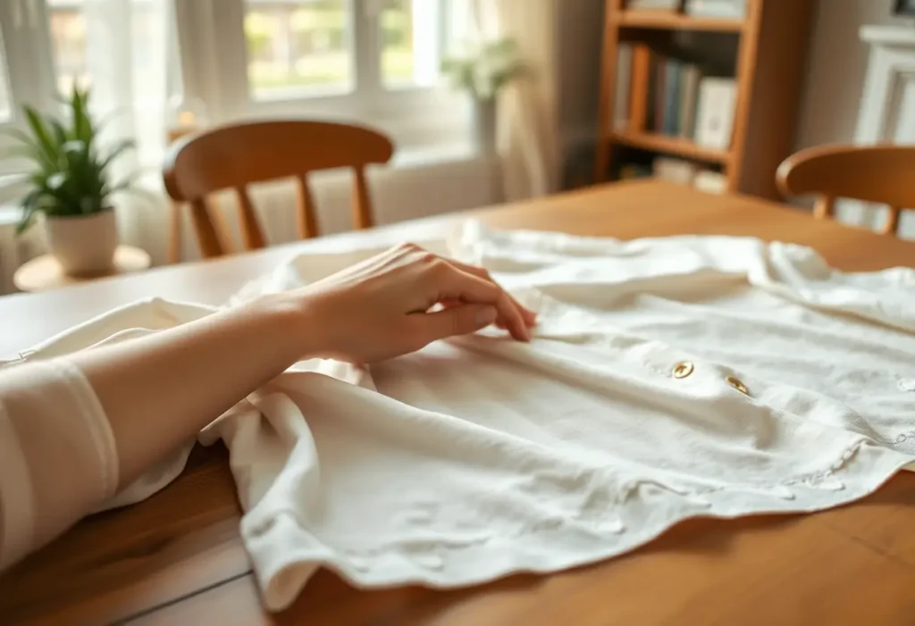 Main de femme sur un chemisier en coton dans un bureau accueillant, illustrant le choix personnel.