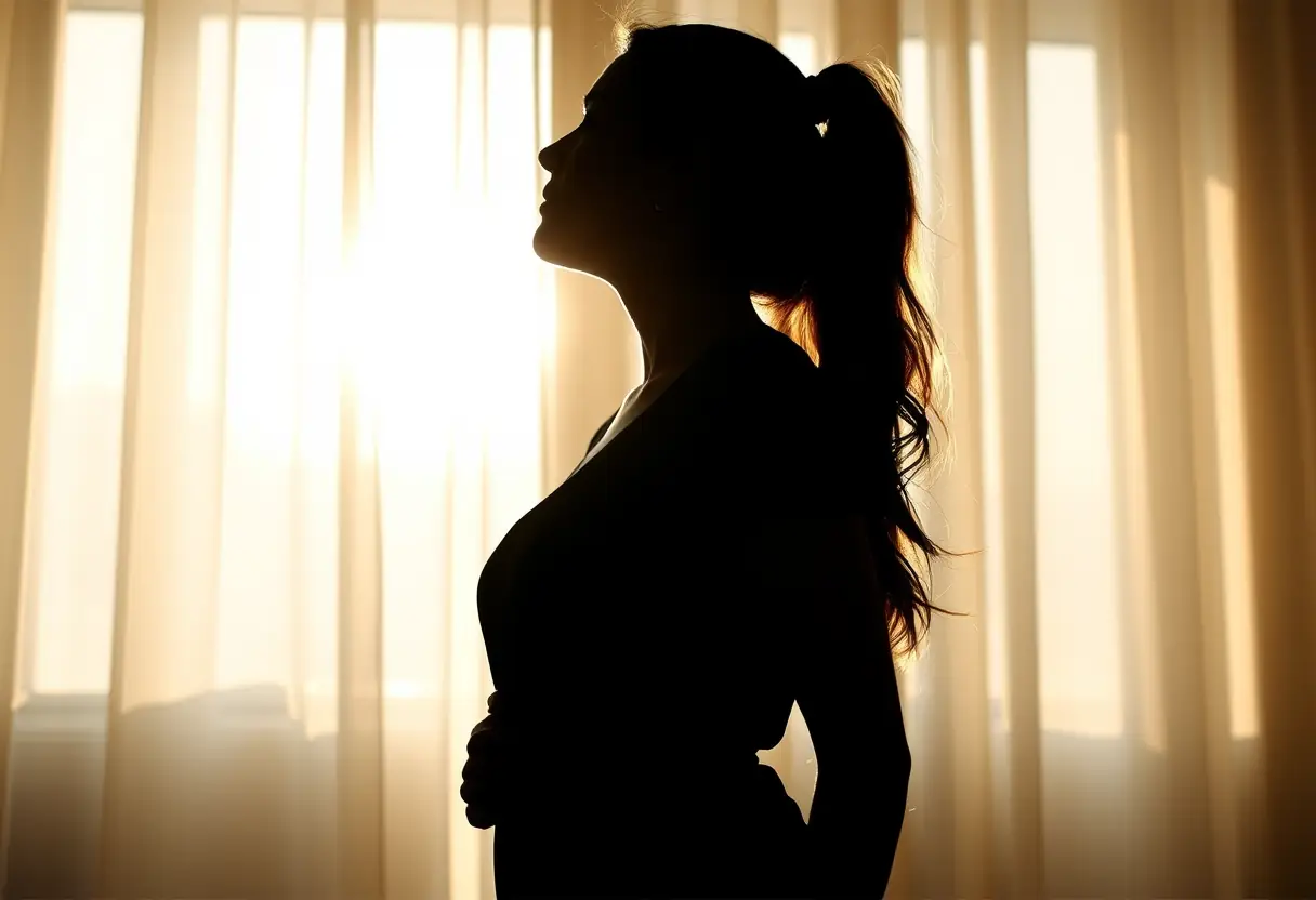 Silhouette d'une femme devant une fenêtre aux rideaux légers, évoquant liberté et acceptation de soi.