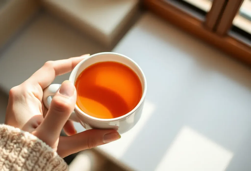 Une main féminine tient une tasse de thé herbeux, symbolisant le bien-être et la détente.