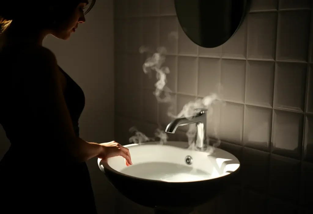 Un profil de femme se reflète dans un bain de vapeur, sa main appuyée sur un lavabo en porcelaine rempli d’eau dans une salle de bains.