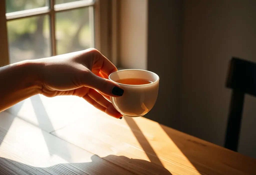 Une main féminine tenant une tasse de thé, symbolisant le confort et la liberté