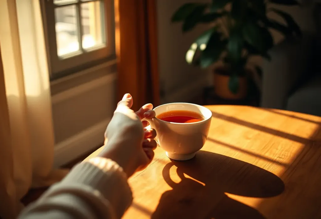 Une main féminine tenant une tasse de thé dans une pièce accueillante