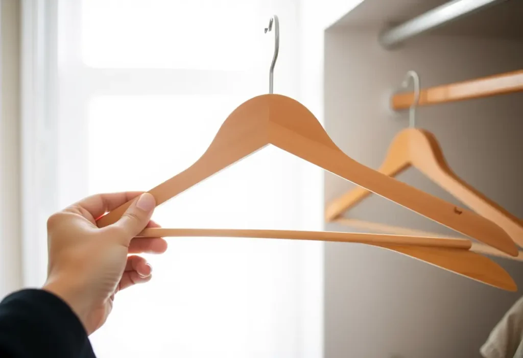 Une main féminine tenant un cintre dans un placard, symbolisant le choix personnel de porter ou non un soutien-gorge.