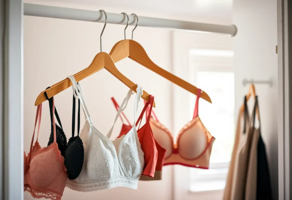 Image alternative : un porte-vetement contenant différents soutiens-gorge dans une armoire bien éclairée