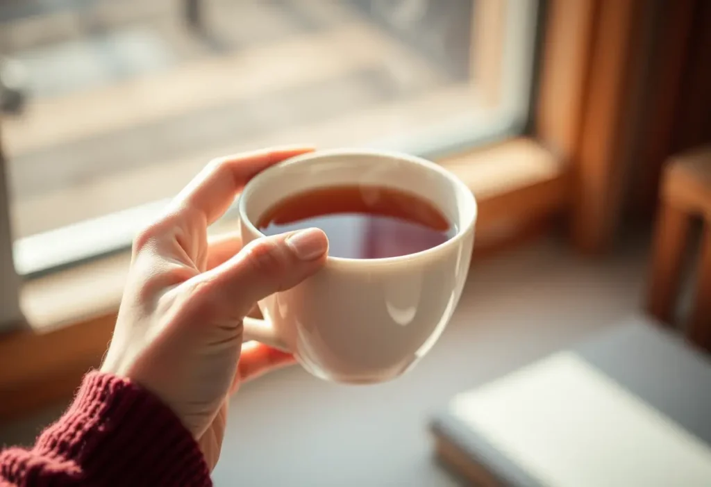 Une main tenant une tasse de thé, éclairée par la lumière du jour, symbolisant le confort et la détente.