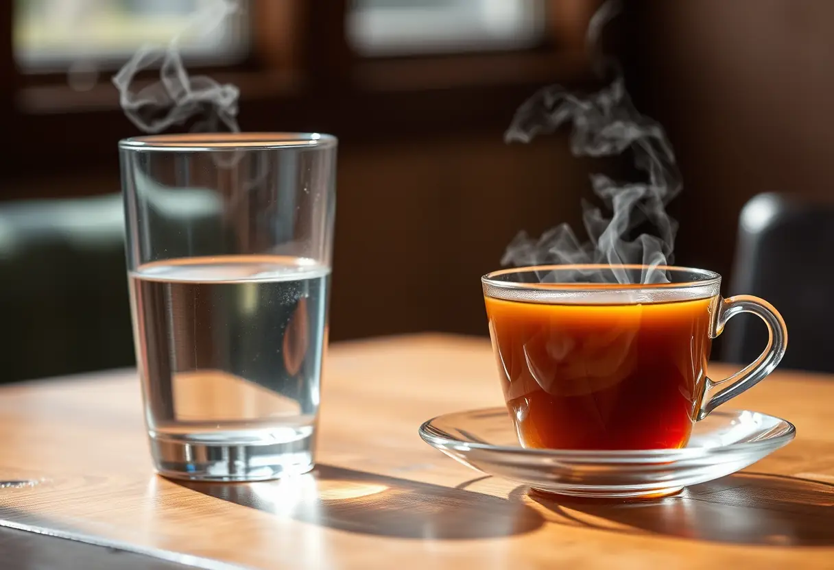 Un plan rapproché d'une table avec une tasse de thé fumante, illustrant le bien-être et la détente