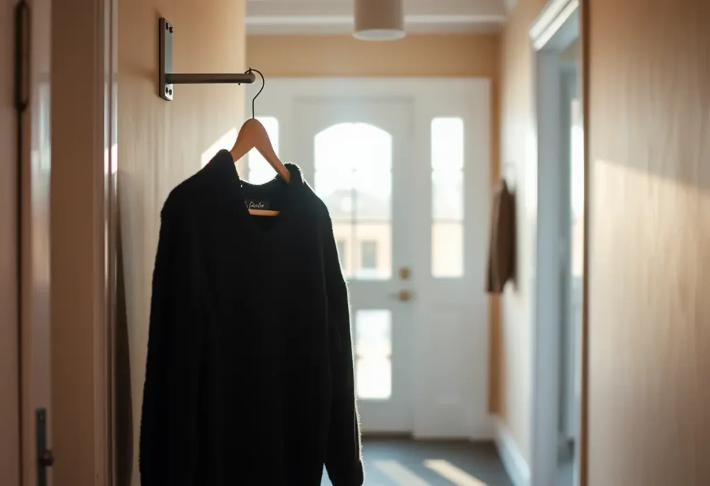 Un pull en laine noire pendu à un porte-manteau dans un hall bien éclairé par la lumière du jour.
