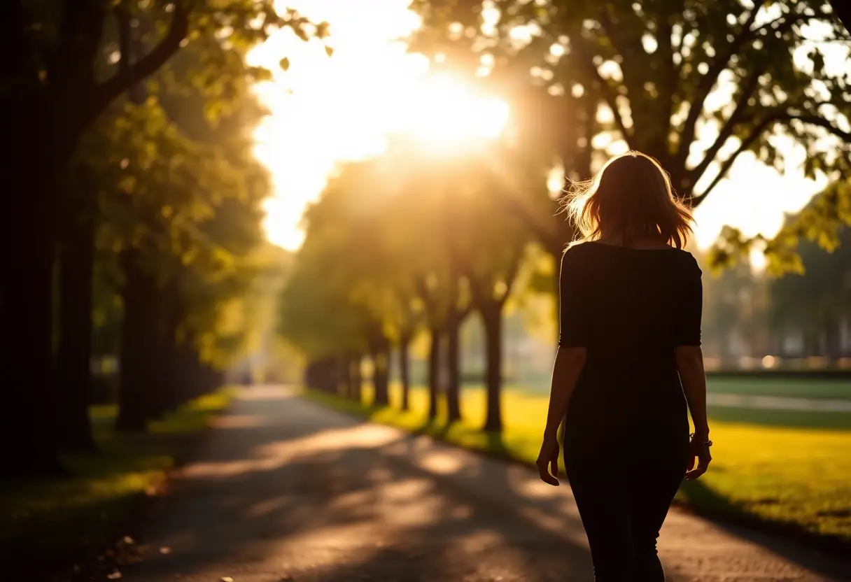 Un profil d'une femme marchant sur un chemin ombragé par des arbres dans un parc, la lumière du soir réchauffant les feuilles.