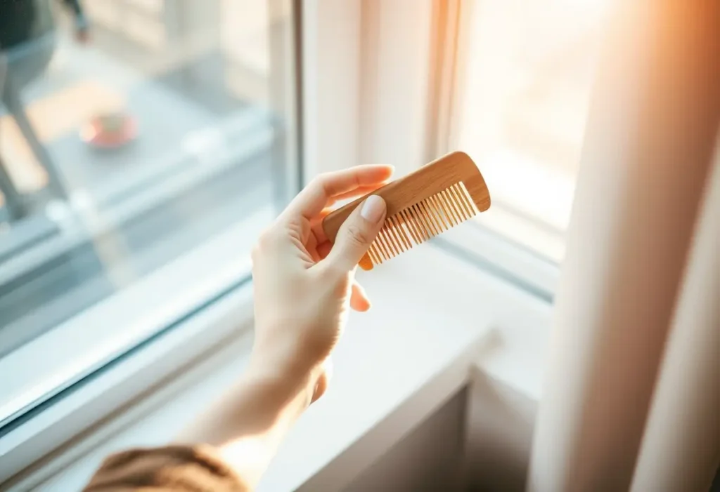 Une main féminine tient délicatement un peigne en bois près d’une fenêtre inondée de lumière