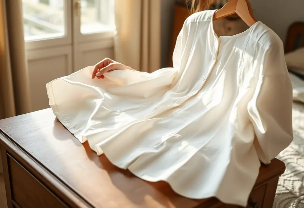 Main de femme lisant une chemise en coton sur une commode, intérieur chaleureux, bien-être féminin