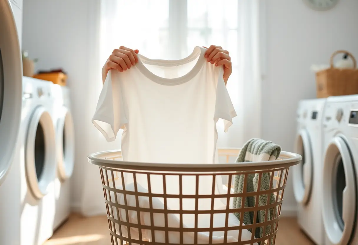 Mains pliant un T-shirt en coton et le remettant dans un panier à linge, évoquant le confort et la simplicité du vêtement