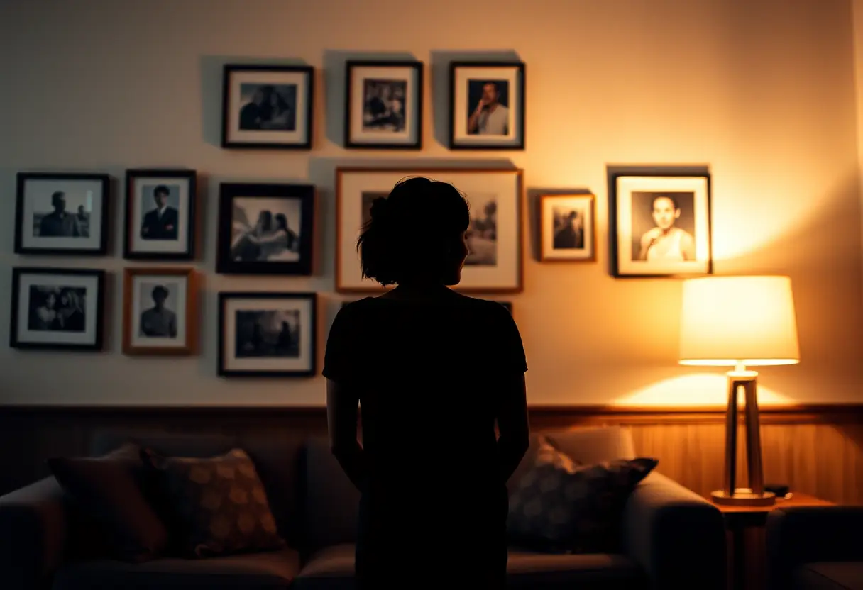 Un profil d’une femme se détachant contre un mur avec des photos encadrées dans un salon accueillant, illustrant l’acceptation de soi.