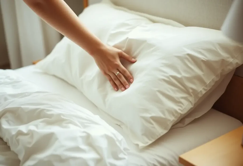 Une main féminine repasse une taie d'oreiller en coton au petit matin.