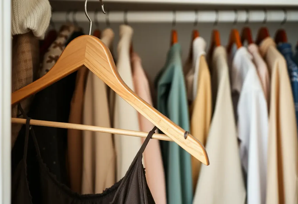 Porte-vêtements en bois dans un placard, soutien-gorge simple accroché en arrière-plan, symbolisant la simplicité et le confort.