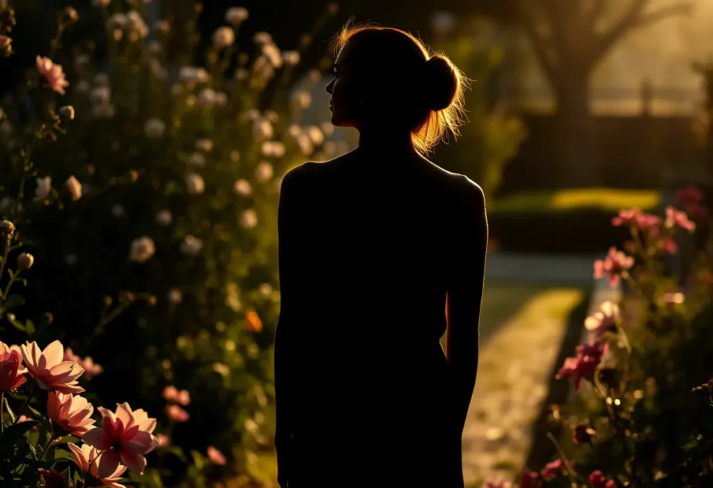 Un profil flou d'une femme debout dans un jardin fleuri, symbolisant l'harmonie entre la nature et le bien-être personnel