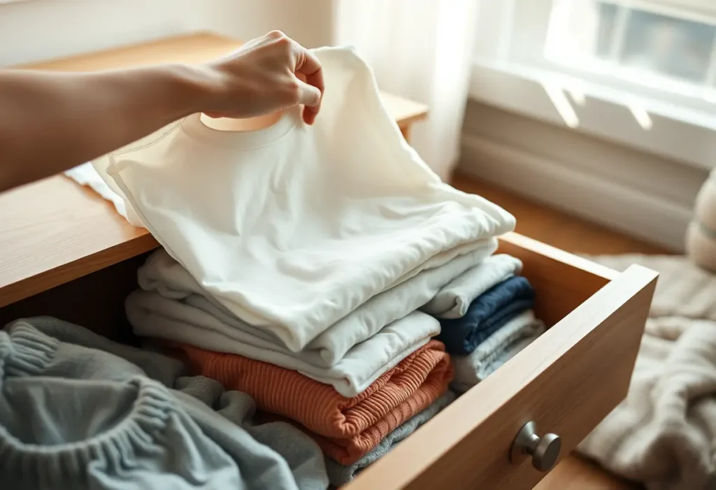 Une main féminine plie délicatement un tee-shirt sur un meuble rempli de vêtements, dans une chambre agréablement éclairée