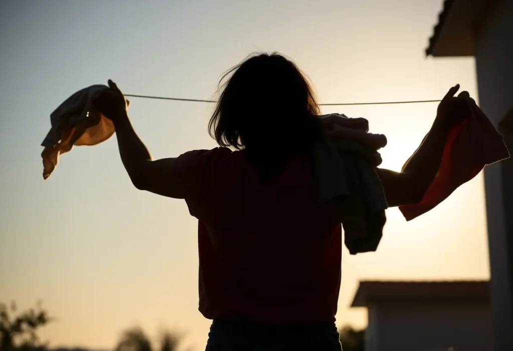 Un silhouette de femme qui étend du linge en plein soleil, ses bras pleins de vêtements propres pliés